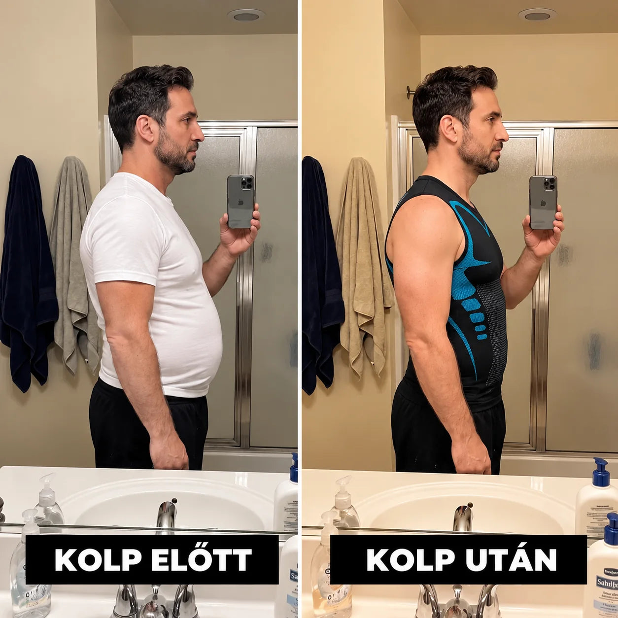 KOLP Fit előtt és után a fürdőszobai tükörben