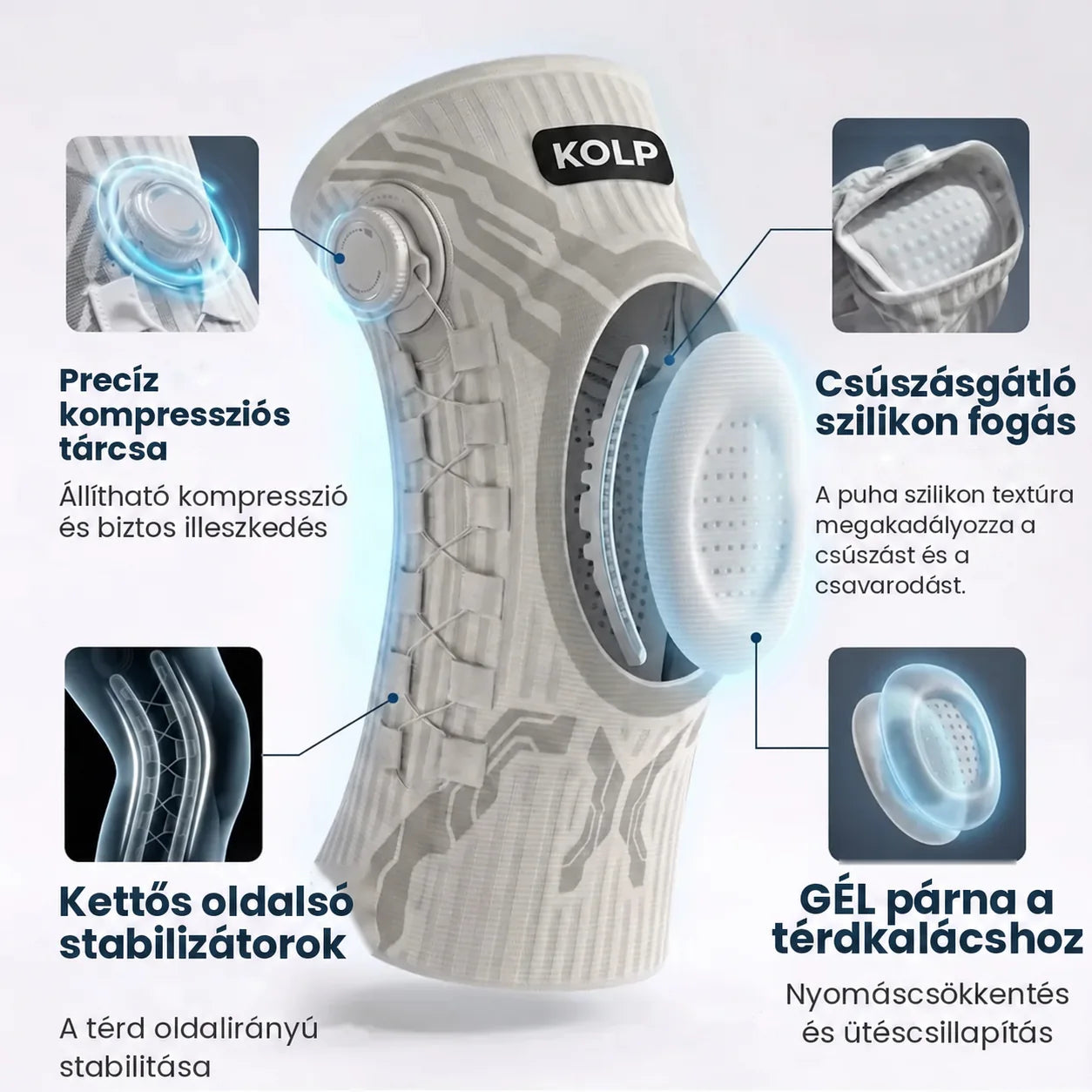 A KOLP Flex funkciói: tárcsa, oldalsó stabilizátorok, szilikonos tapadás, gélpárna
