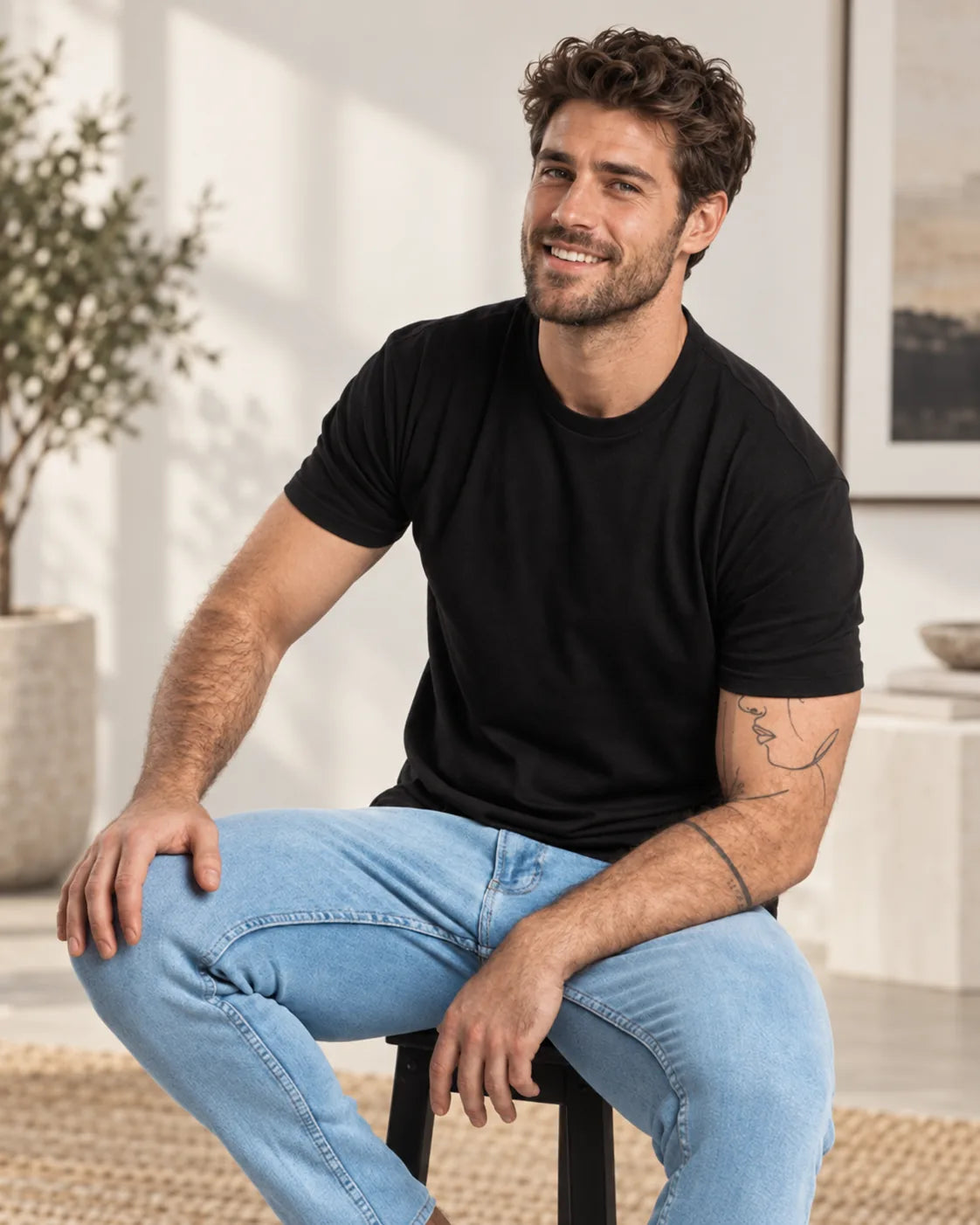 Man seated in a black KOLP Essential T-shirt