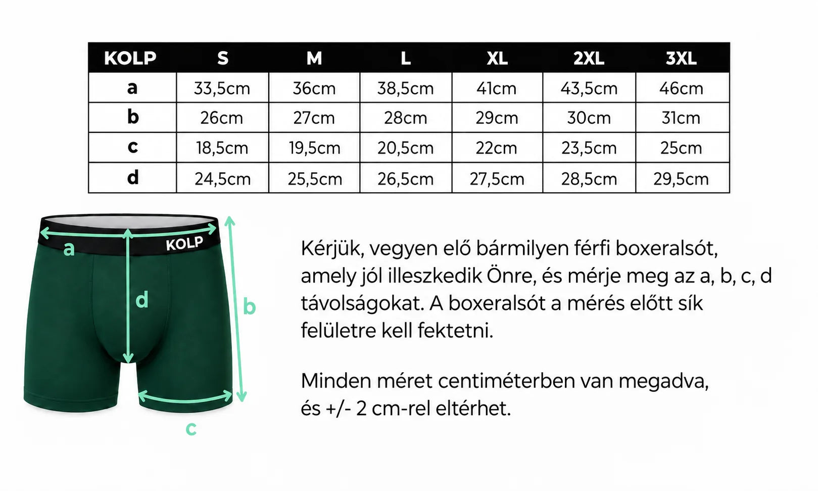 KOLP boxeralsó mérettáblázat – S-től 3XL-ig