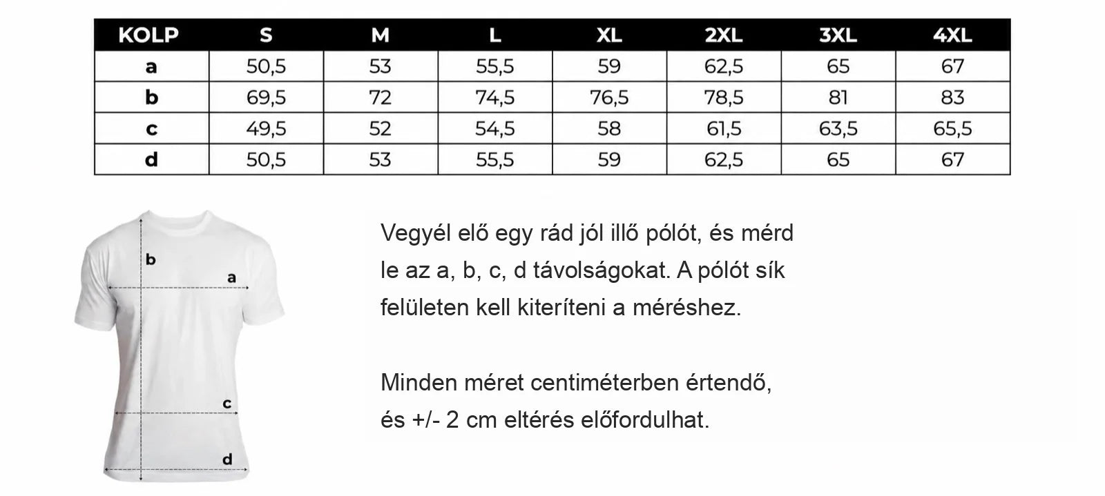 KOLP mérettáblázat – méretek centiméterben