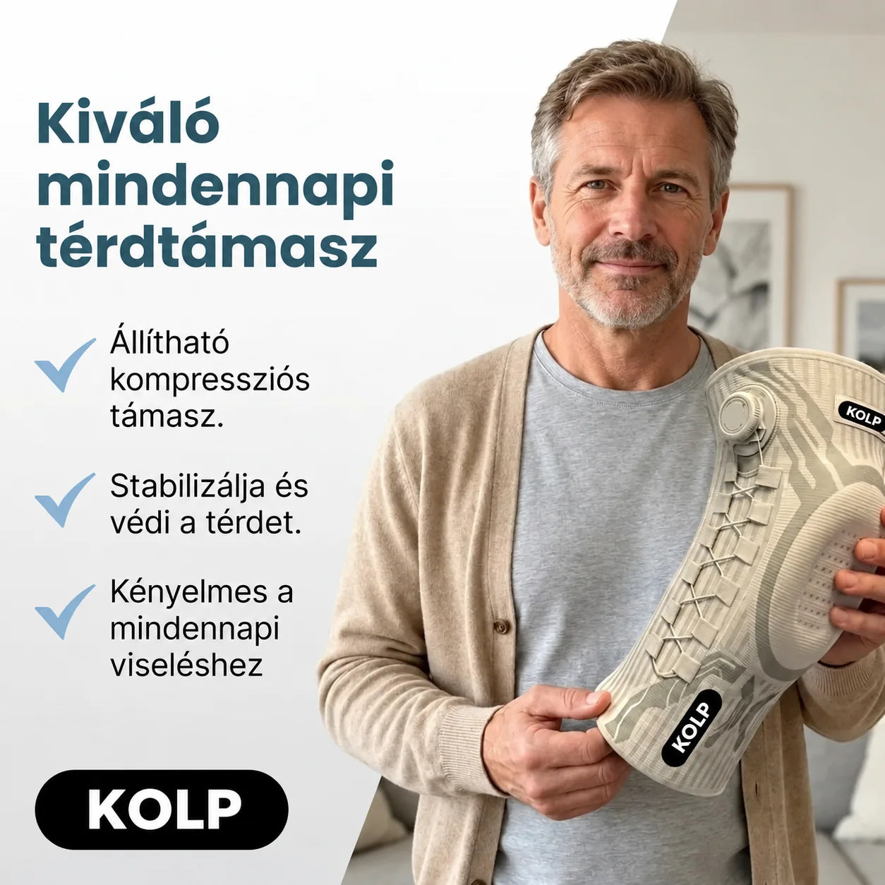 Férfi a KOLP Flex térdrögzítővel a kezében